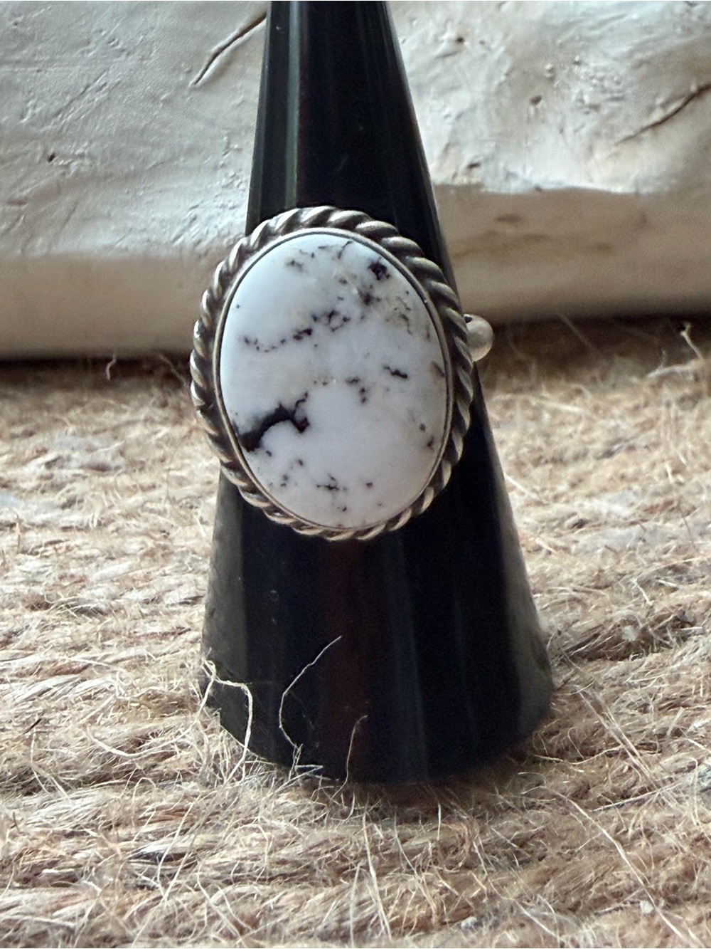 Navajo Oval White Buffalo Stone Ring in Sterling Silver Rope Setting